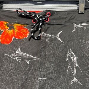 Fishworks Mens Board Shorts Size 36x9 Charcoal Hibiscus Marlin Tuna Fishing BS45